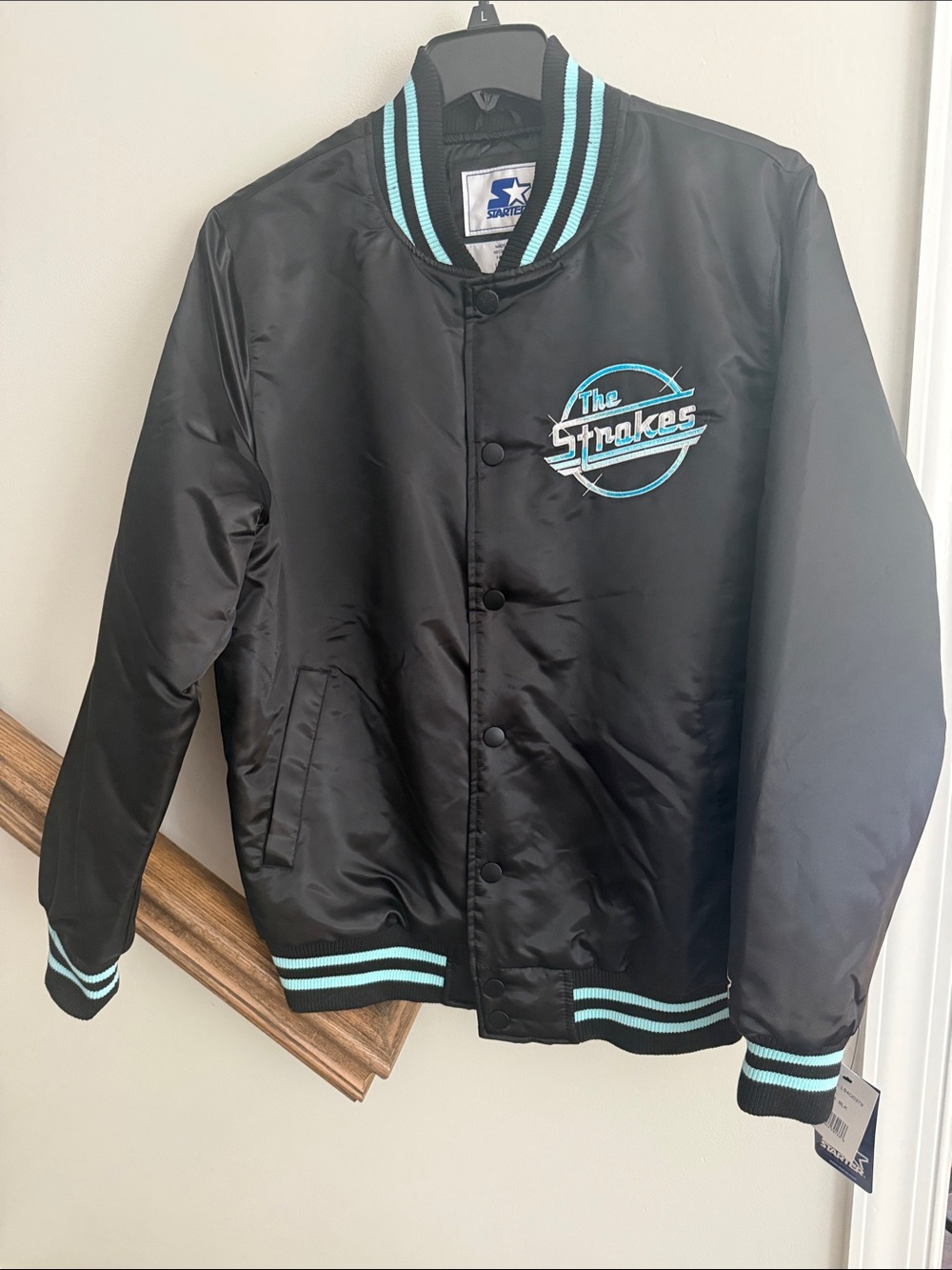 The Strokes STARTER Black Satin Varsity Jacket with Teal Trim